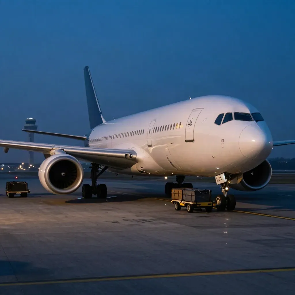 Aereo wide-body al tramonto con mezzi bagagli e torre di controllo sullo sfondo