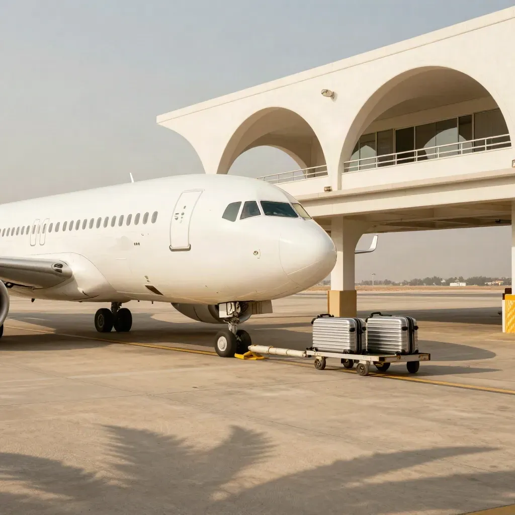 Aereo regionale bianco su tarmac assolato, con attrezzature aeroportuali e ombre di palme