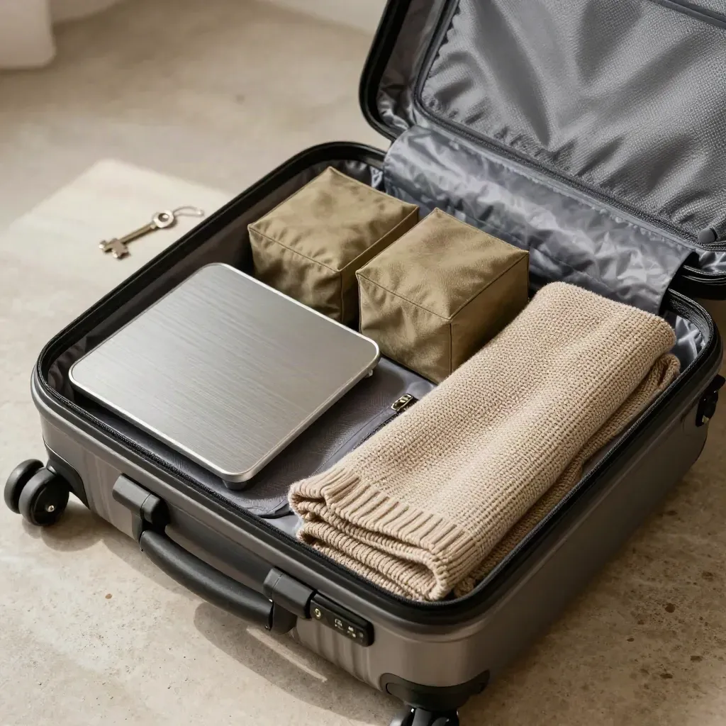 Valigia aperta con cubi da viaggio e bilancia bagagli su fondo chiaro
