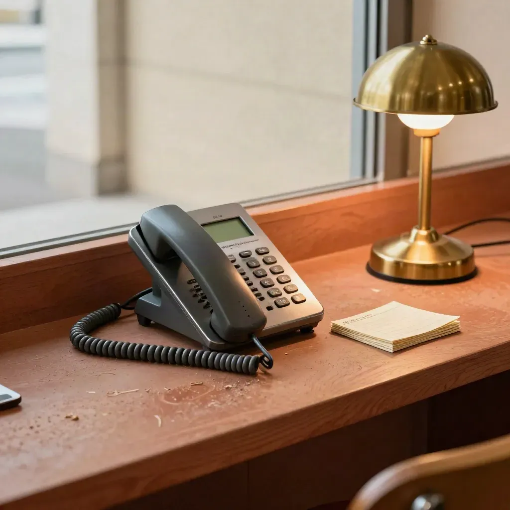 Vista dall'alto di un angolo assistenza Aero Linea con telefono, supporto cuffie e cartoline su legno caldo.