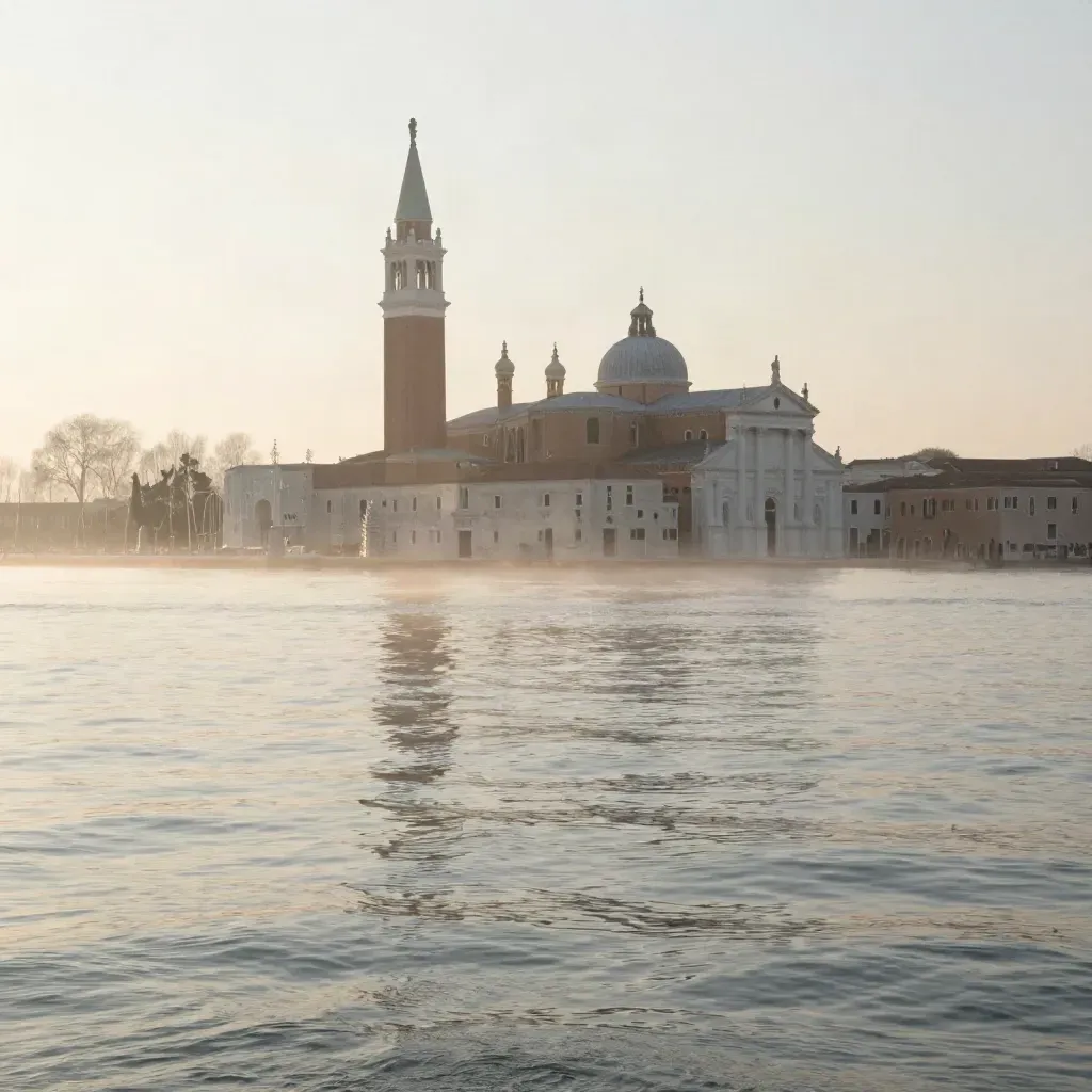 Venezia al mattino con la basilica che emerge dalla laguna nella nebbia